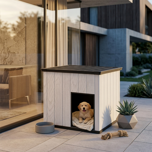 Casa para mascotas Kenda de 45 kg con techo inclinado grande | Refugio interior extragrande de resina PP de perfil bajo para perros grandes y razas gigantes | Amplio dise&ntilde;o de vetas de madera apto para muebles
